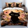 Cute black cat in flower field Print Bedding Set 1 Duvet Cover 2 Pillowcases for Adult and Children Luxury Gift Full Size