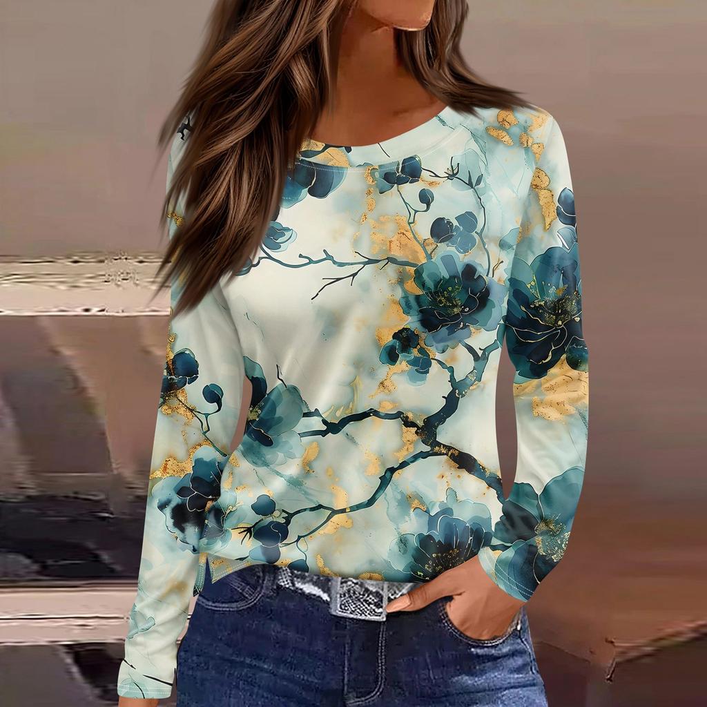 Women's Fashion Casual Slit Hem Round Neck Long Sleeve Loose Printed T-Shirt Ladies Top