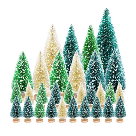 56 Pcs Mini Christmas Trees Set Sisal Snow Frosted Bottle Brush Trees with Wooden Base Miniature Artificial Pine Tree for Winter Home Tabletop Decor