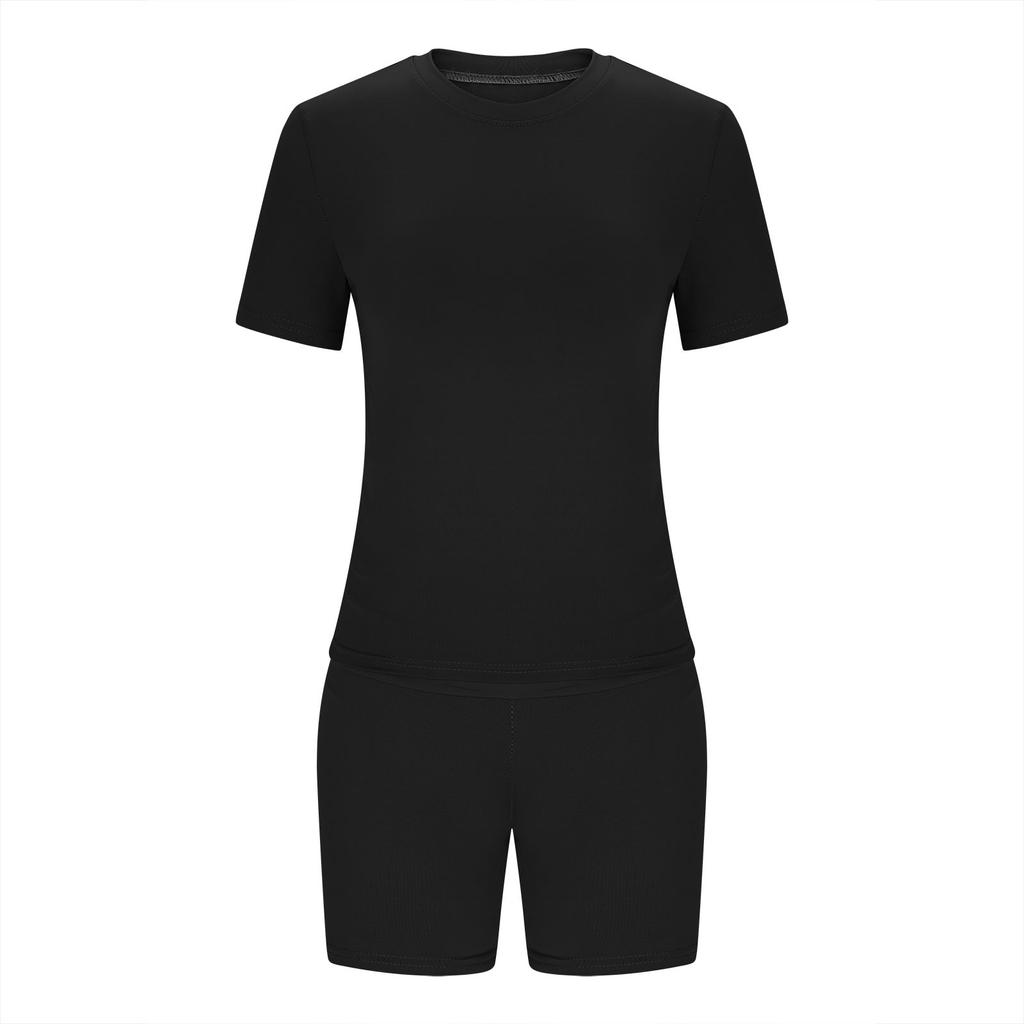 Женская мода, однотонный топ с круглым вырезом, облегающий топ с короткими рукавами, шорты, повседневные спортивные комплекты, спортивные костюмы