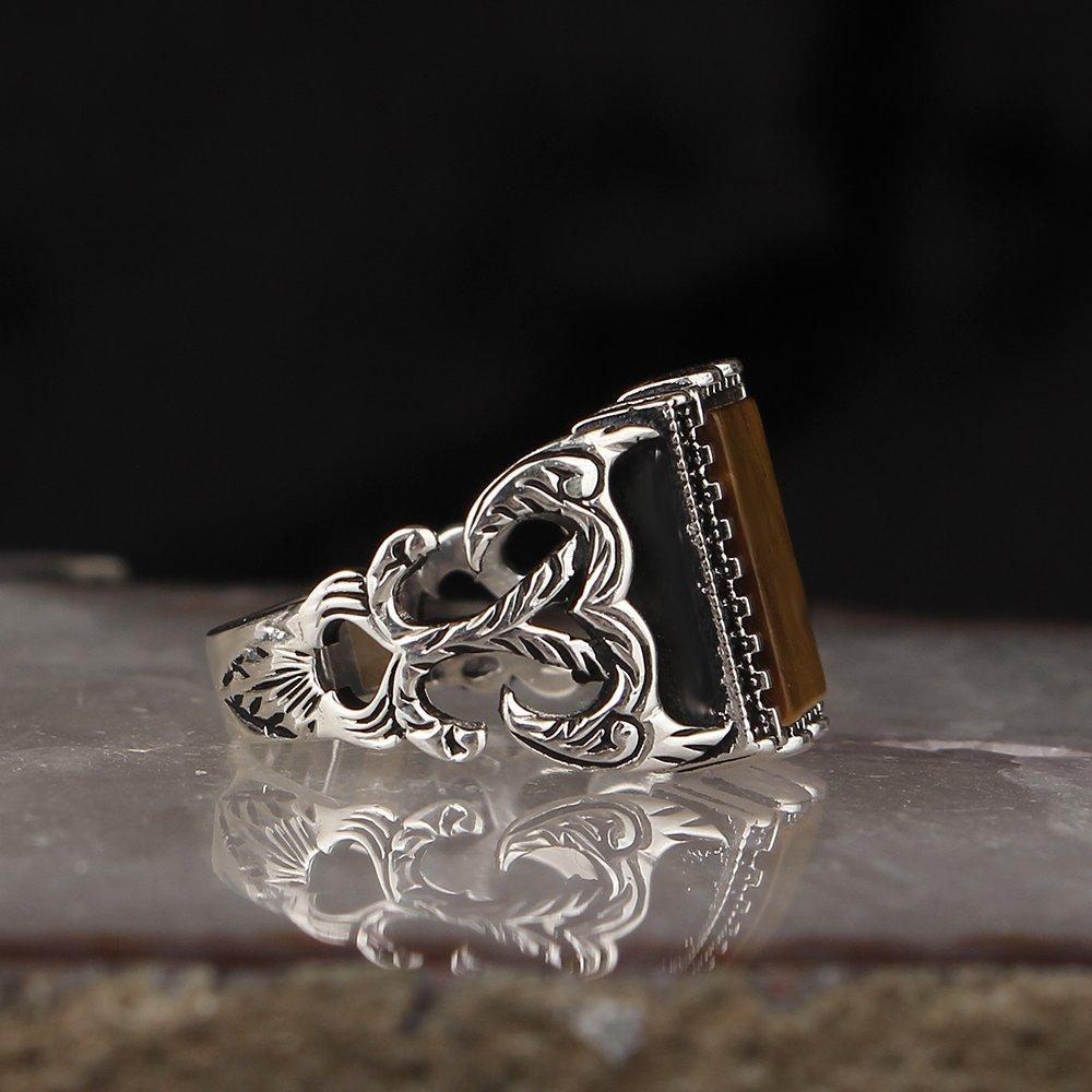 Kaplangözü Taşlı Kalem İşlemeli 925 Ayar Gümüş Erkek Yüzük