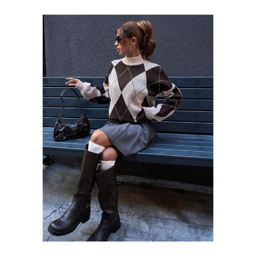 Women's Diamond Patterned Black High Collar Knitwear Sweater