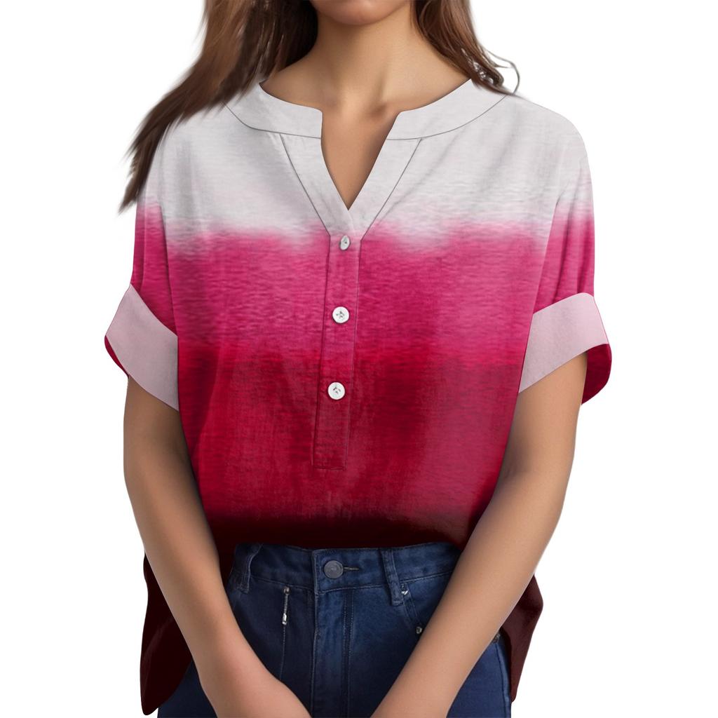 Женская хлопково-льняная футболка с круглым вырезом, коротким рукавом и пуговицами, футболка с принтом