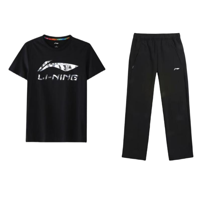Li-Ning Свободная футболка с большим логотипом, круглым вырезом и коротким рукавом Повседневные брюки прямого кроя Спортивный костюм Мужские костюмы Черный AKLUA81-1+ATSQ163-1