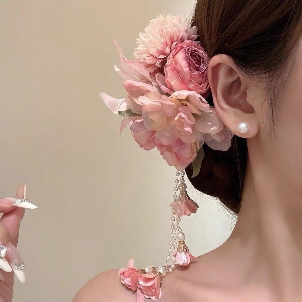 Elegant Design Flower Hairpin Pink Floral Headdress Tassel Hanfu Hair Accessories Party Wear