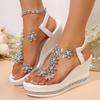 Элегантные женские хрустальные сандалии с цветочным декором Женские Летние 2025 Массивные Платформа Клиновидный каблук Sanalias Mujer Туфли для вечеринок на высоком каблуке Женщина