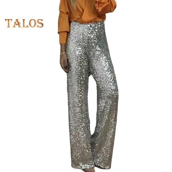 Women Sequins Long Pants High Waist Slim Fit Shining Trousers Solid Color Elastic Flared Pants Streetwear