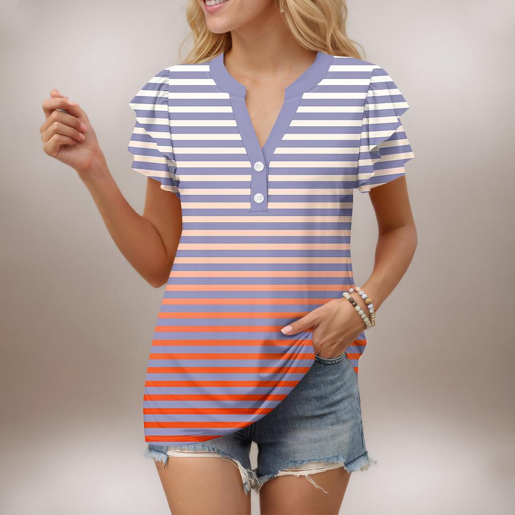 Женский повседневный топ с короткими рукавами, застегивающийся на пуговицы и V-образным вырезом, с градиентными оборками и принтами