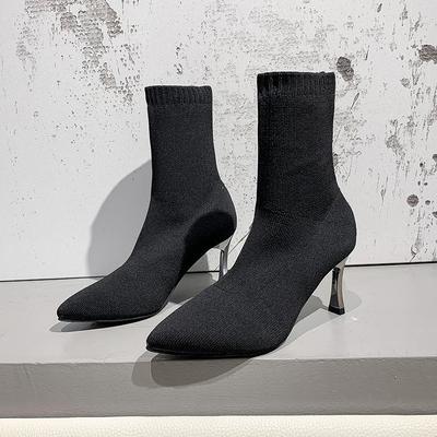 Модные вязаные ботильоны-носки Осень Новые Острый носок Рукав Сетка Дышащие Нескользящие Износостойкие Каблук-шпилька Короткие до бедра Одинарные ботинки