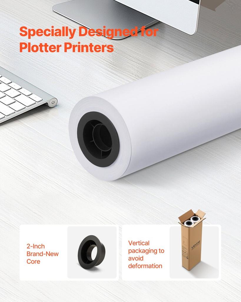 Wide Format Paper, 609.6 mm x 45.7 m Plotter Roll, 2 Rolls CAD Bond Rolls with 50.8 mm Core, 80 GSM Plotter Roll Rolls, for CAD Drawings, Engineering