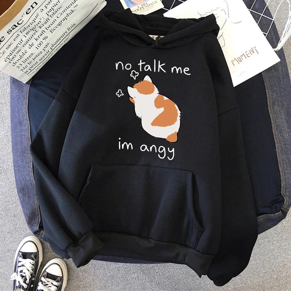Fun No Talk Me Cute Angry Cat Print Мужская/Женская хлопковая толстовка с капюшоном Повседневный пуловер большого размера Популярный свитшот Модная одежда унисекс