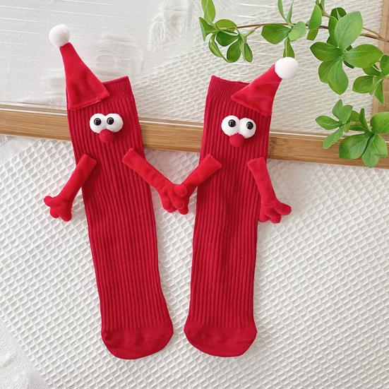 1 Pair Christmas Couple Socks Cartoon Shape Magnetic Hand-linking Festive Mid-tube Thick Warm Anti-slip