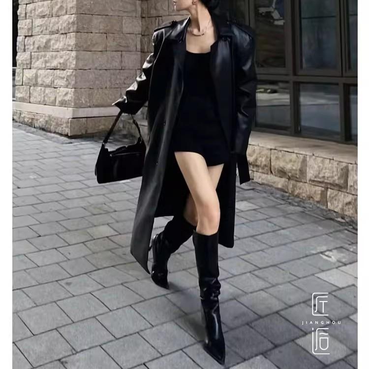 [Фабричное производство товаров] Женские туфли на высоком каблуке, ботильоны-чулки на шпильке, новинка 2025 года, тонкие ботильоны до икры с острым носком