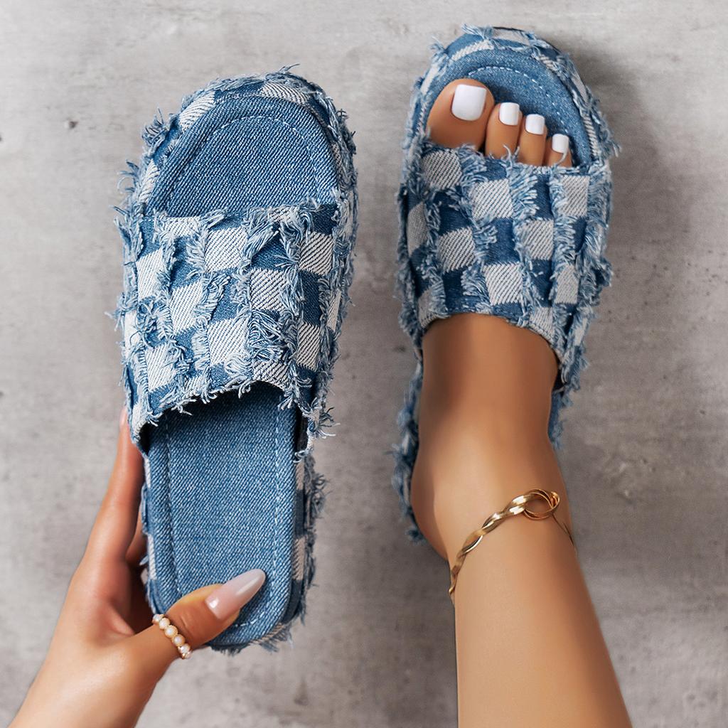 Женская обувь, новый стиль, летние пляжные туфли на наклонном каблуке на толстой подошве, джинсовые тапочки, модные удобные повседневные сандалии