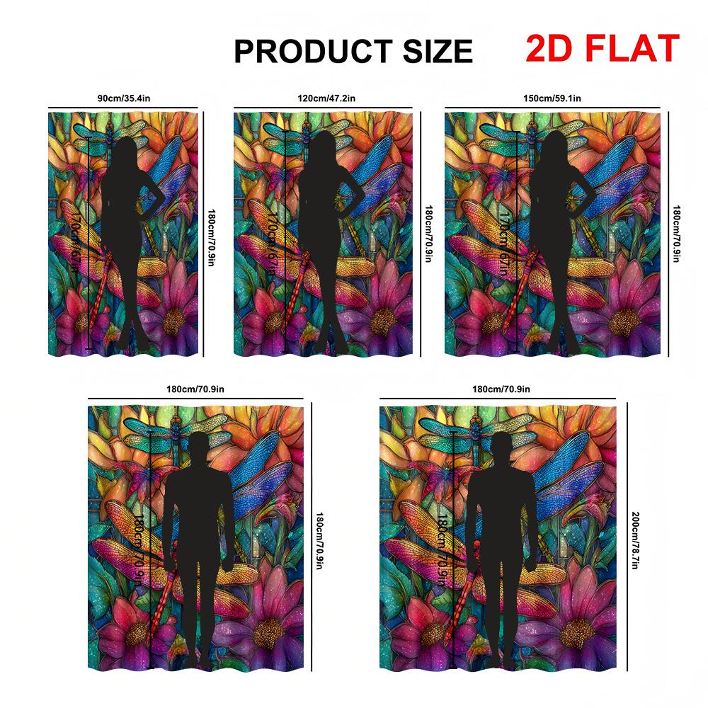 2D Flat, 2D Flat, A Colorful Dragonfly Printed Shower Curtain in a Flower Pattern, Complete with Hooks, Made of Polyester Fabric