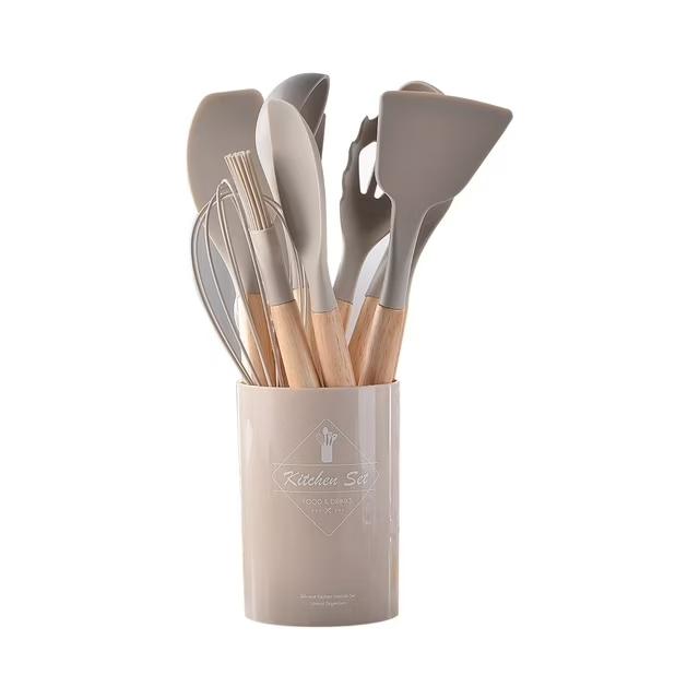 Wooden-handle silicone kitchenware khaki color 12PCS
