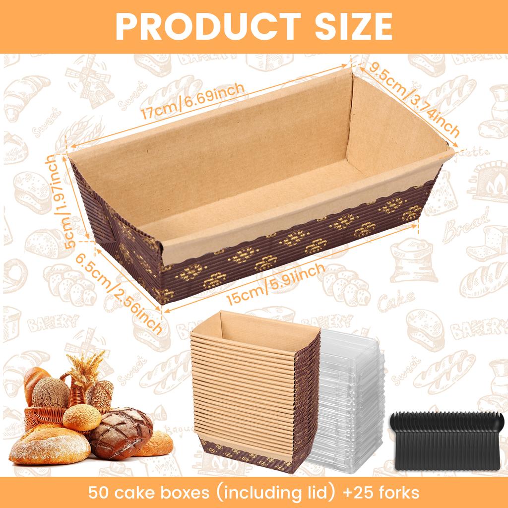25Pcs Paper Baking Pan Reusable Paper Mini Loaf Pan with Lid and Fork Stackable Rectangular Paper Pan Mold Bread Cake Box