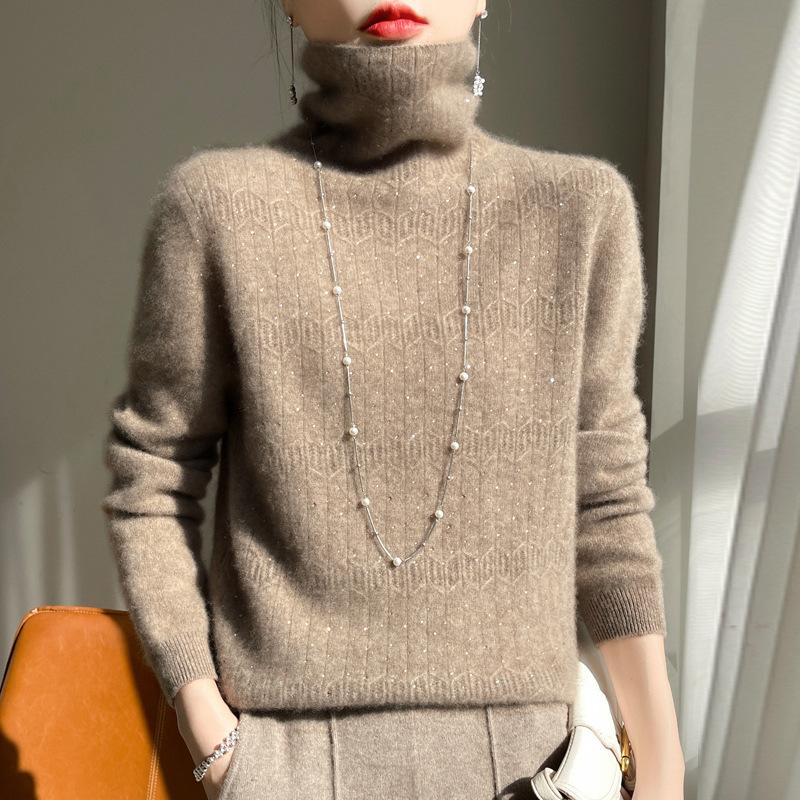 Осень и Зима Первая линия Готовая одежда Вязаные свитера с высоким воротником Шерстяная базовая рубашка для женщин Жаккардовый трикотаж с высоким воротником