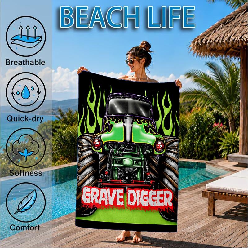 Mon-ster Truck Adventure Beach Towel, Super Soft Microfiber, Perfect Gift for Her/Him, Birthday, for Pool, Beach, Travel, Decor Beach Party