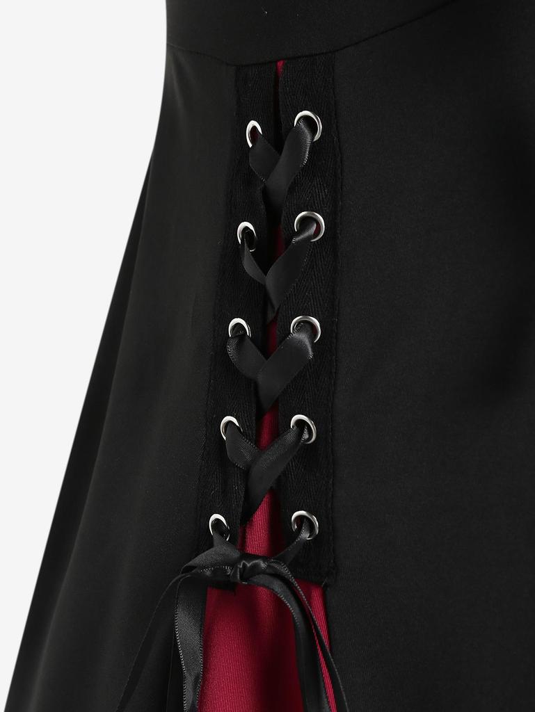 Rosegal Gothic Lace-up Cinched Two Tone Godet Hem A Line Dress