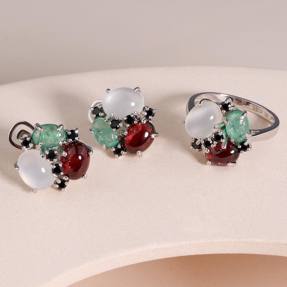 Натуральный драгоценный камень Изумруд Гранат Белый лунный камень Кольцо Серьги Комплект ювелирных изделий Стерлинговое серебро 925 пробы изысканные ювелирные изделия Модный подарок