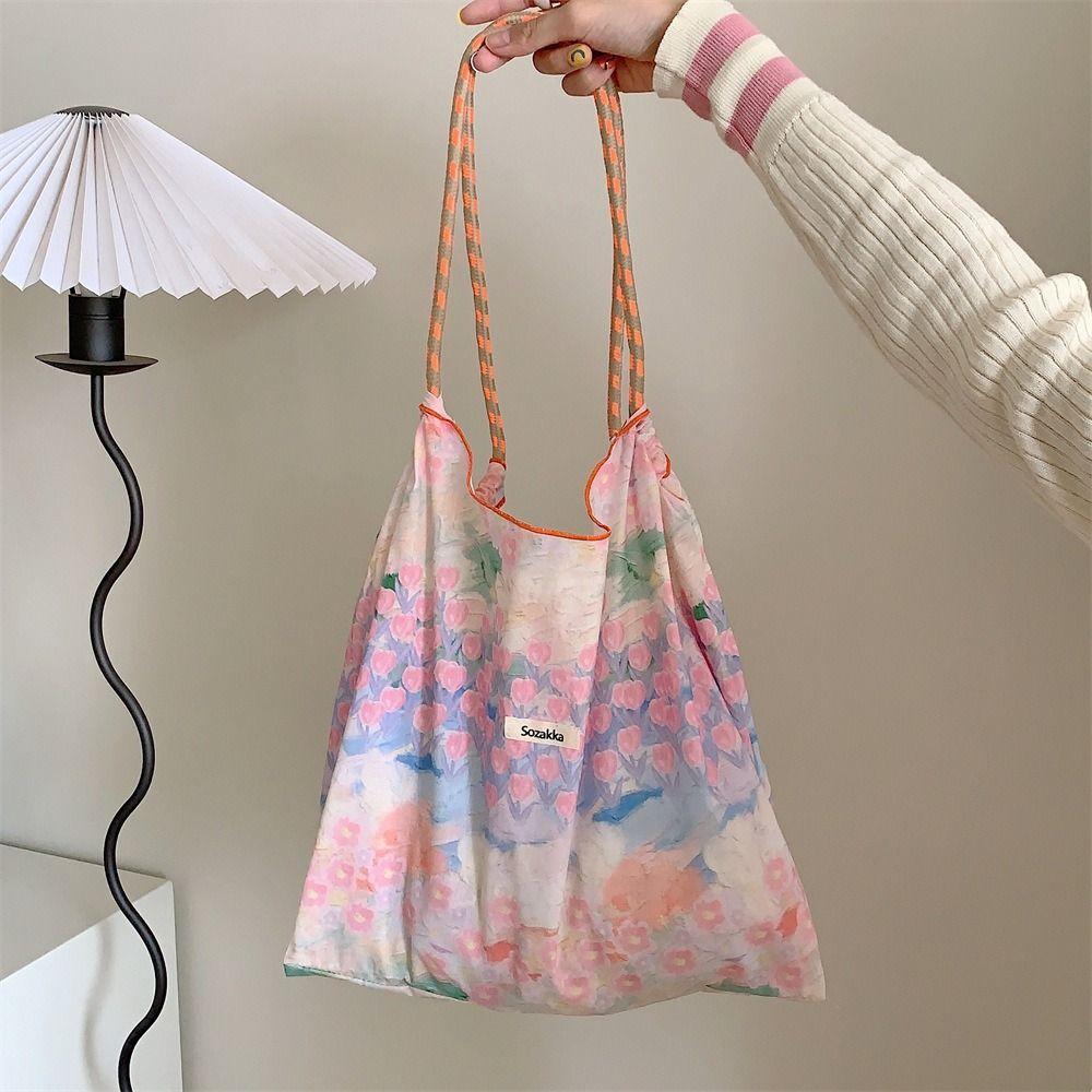 Large Capacity Drawstring Shopping Bag Reusable Travel Tote Bag Portable Canvas Shoulder Bag
