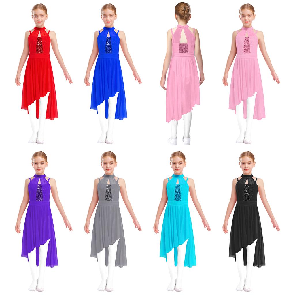 Girls Lyrical Performance Costume Shiny Sequins Sleeveless Asymmetrical Dance Dress with Sheer Mesh Skirt