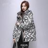 Winter Women's Mid Length Printed Down Cotton Jacket Standing Collar Hooded Winter Clothing