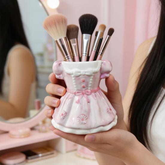 Bow Dress Pencil Cup, Ceramic Desk Organizer, Cute Makeup Brush Holder for Girls Room, Office Gift for Women