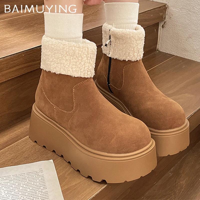 Ботильоны женские на меховой платформе, замшевые туфли на плоской подошве, женские, 2025 года, тренд, зимняя мода, дизайнерские, для ходьбы, повседневные, теплые, для снега, женские