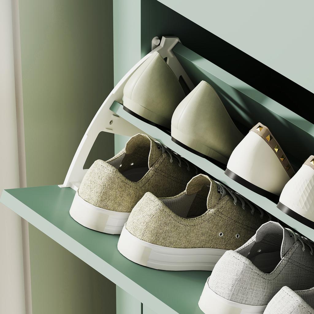 Shoe Cabinet for 14 Pairs, 2 Drop-Down Drawers, Removable Adjustable Shelves, Green