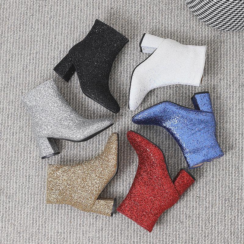 Большие размеры 48 49 50 золотисто-серебристо-голубые блестящие зимние туфли из ткани с блестками женские туфли на высоком толстом каблуке ботильоны челси для вечеринки