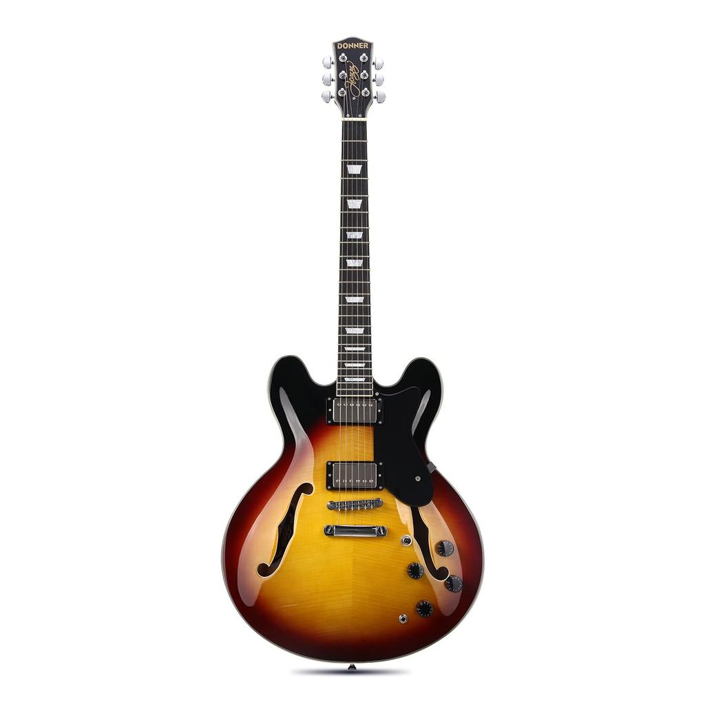 Donner Electric Double Tiger Color DJP-1000B Semi-Acoustic Guitar, Semi-Hollowbody, Cutaway,