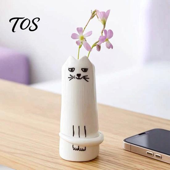 Decorative Dried Flower Container Creative Cat Shaped Vase, Minimalist Cartoon Kitten Tabletop Planter for Hand Carved Decor Fresh Flowers,