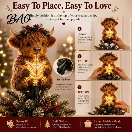 Christmas Tree Star Topper Highland Cow Glowing Topper, Lighted Decoration with Home Office Holiday Ornaments Warm LED, Battery Operated Ornament for