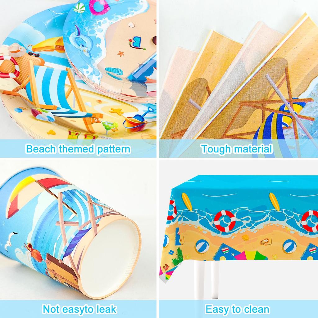 141pcs Beach Party Supplies, Beach Plates And Napkins Party Supplies Includ Beach Theme Paper Plates Cups Napkins & Summer Beach Table Cloth etc