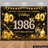 2D plane 40th birthday party banner background - black and gold retro theme, with golden balloons