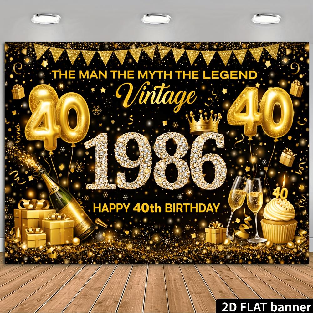 2D plane 40th birthday party banner background - black and gold retro theme, with golden balloons