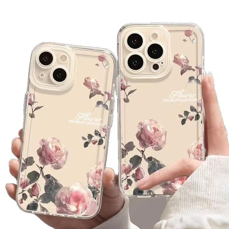 Pink Roses Suitable for Iphone16promax Mobile Phone Case Simple Transparent Apple 15 Anti Fall 1413 Fresh