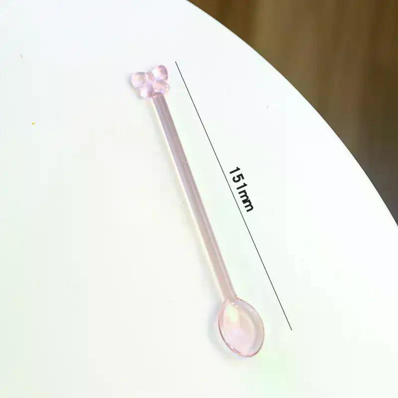Pink Bow Glass Coffee Spoon Long Handle Heat Resistant Teaspoon For Dessert Milk Tea Stirring Household Kitchen Tool