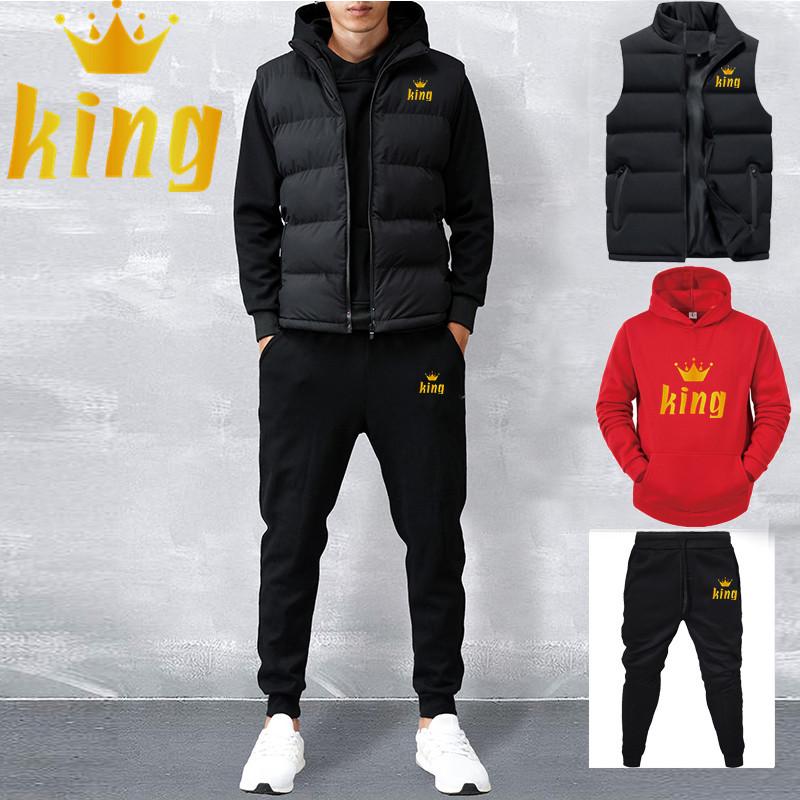 Men Spring Winter Fleece Hoddies Set Casual Sets Vest + Hoodies + Pants 3 Piece Set Male Tracksuit Sportswear Set
