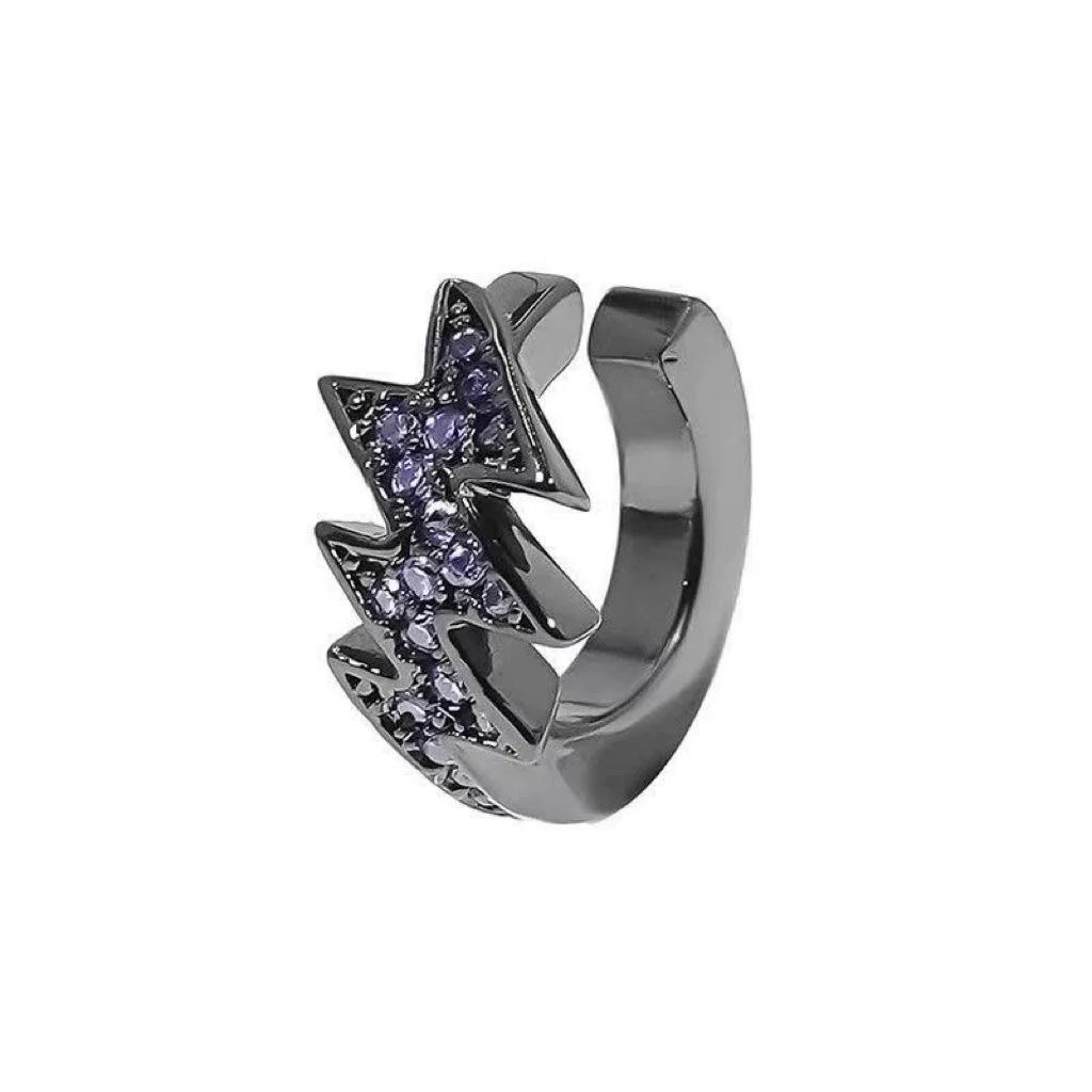 Men's Lightning Ear Clips Irregular Electrocardiogram Earrings with Purple Diamonds and Zircon Inlay Trendy Personality Non-Pierced Earrings for