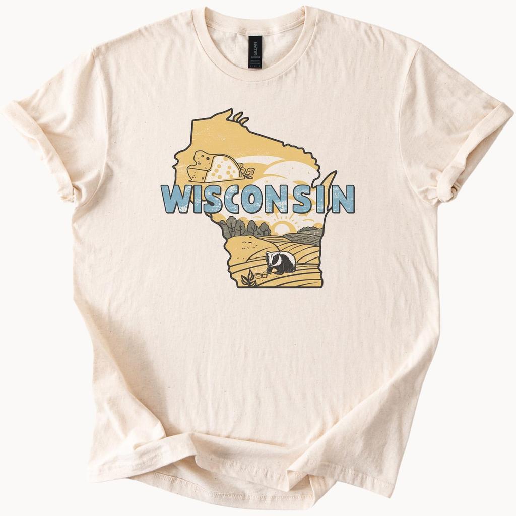 Wisconsin State Outline Graphic T Shirt with Cheese Badger Farm Fields and Sunrise Unique Midwest Nature Art Tee Gift