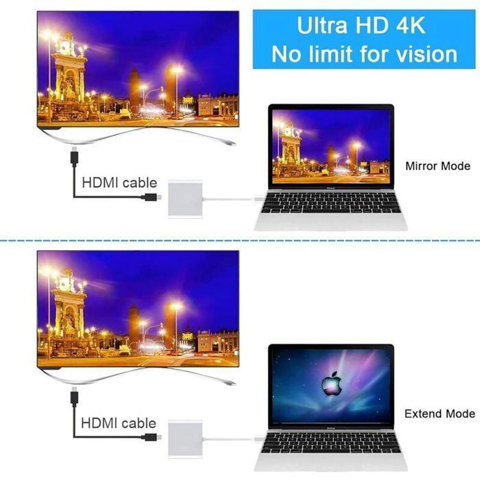 Adaptateur USB C vers HDMI 4K, Convertisseur Vidéo Type C avec Port USB 3.0 et Port de Charge, Multiport AV Numérique RETROVISEURS