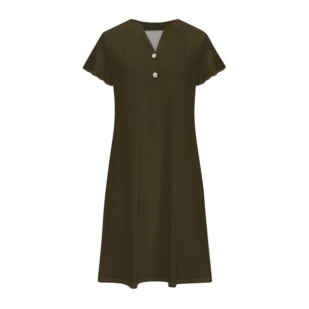 Women's Fashion Flare Short Sleeve V Neck Pajamas Casual Button Solid Color Dresses