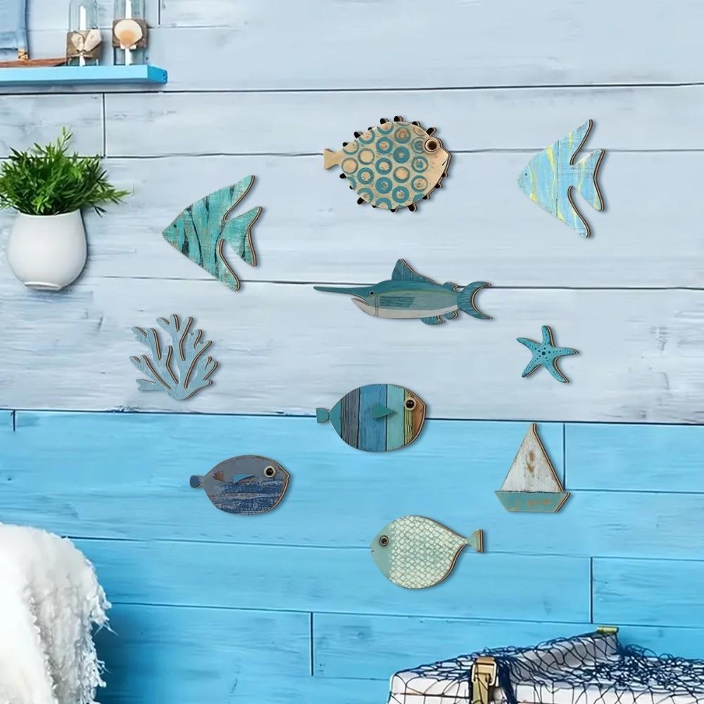 10Pcs Creative Rustic Ocean Animal Decoration Retro Wall Art Wooden Decorations Funny Fish Wall Decor Cafe Bar