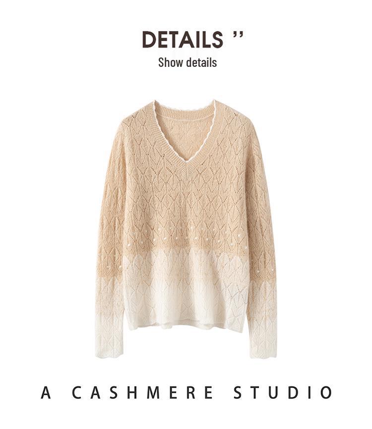 100% Pure Cashmere V-Neck Women's Sweater: Autumn/Winter, Thin, Hollow Knit, Color Block, Loose Fit Top