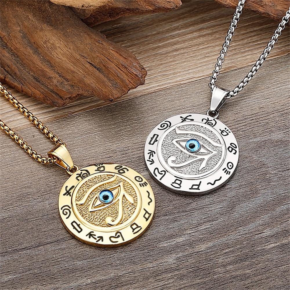 Egyptian Eye of Horus Pendant Gold Silver Color Stainless Steel Round Necklace for Women/Men Ancient Egypt Jewelry Gift