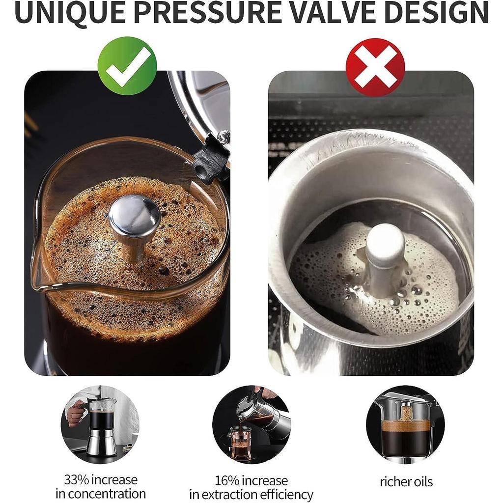 Кофеварка для эспрессо на индукционной плите Moka с клапаном давления, столешницей из хрустального стекла и кастрюлей Esprosso Moka из нержавеющей стали, классическая итальянская кофеварка