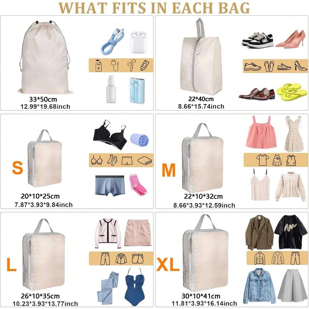 Set/6 Pcs Compressible Packing Travel Storage Bag Cubes Waterproof Suitcase Nylon Portable With Handbag Luggage Organizer